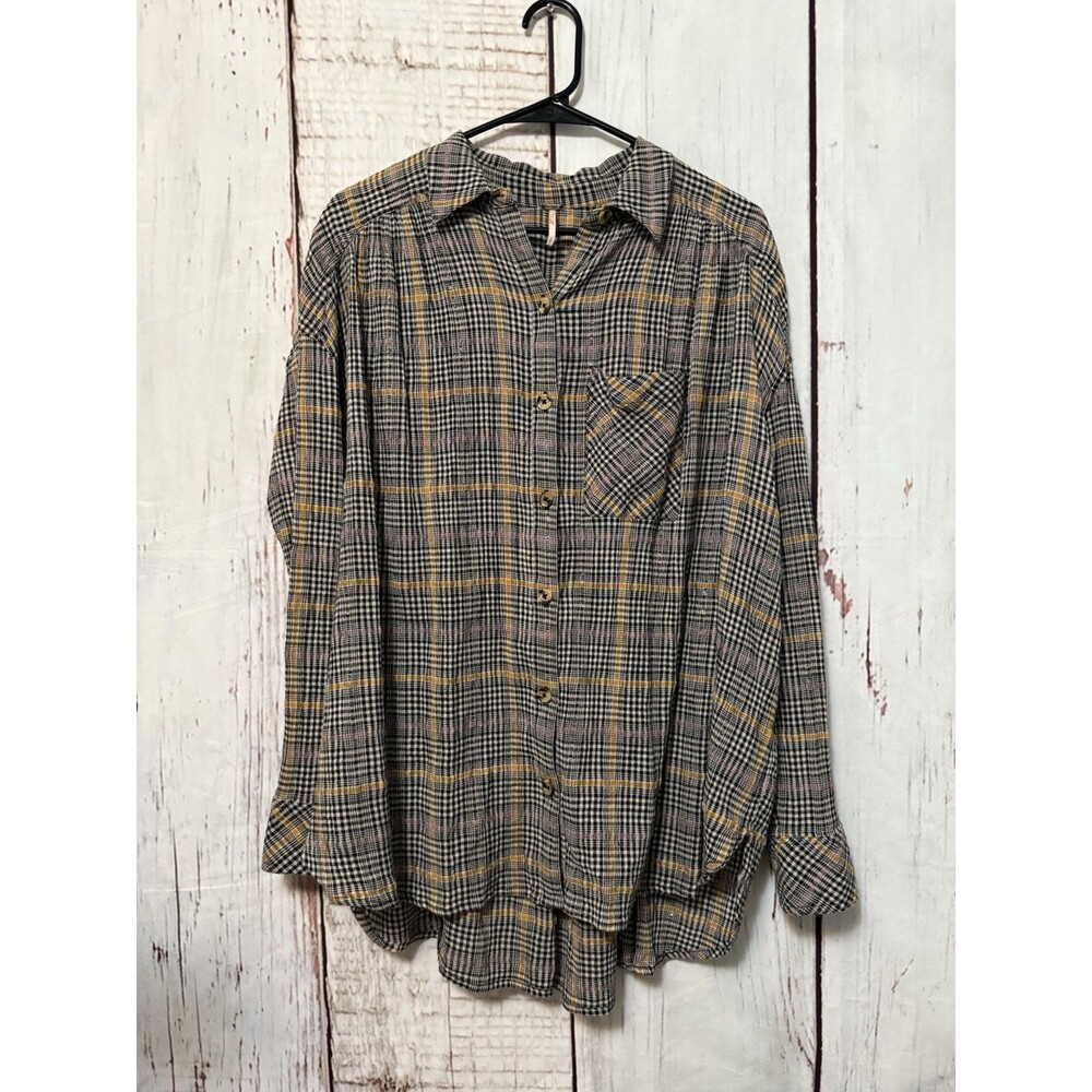 Free People Break My Stride Plaid Button Up Shirt Long Sleeve Oversize Sze Small